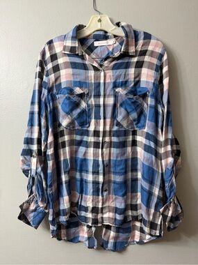 Billy T Blue Plaid Button down lyocell roll tab Shirt - Blue & White medium